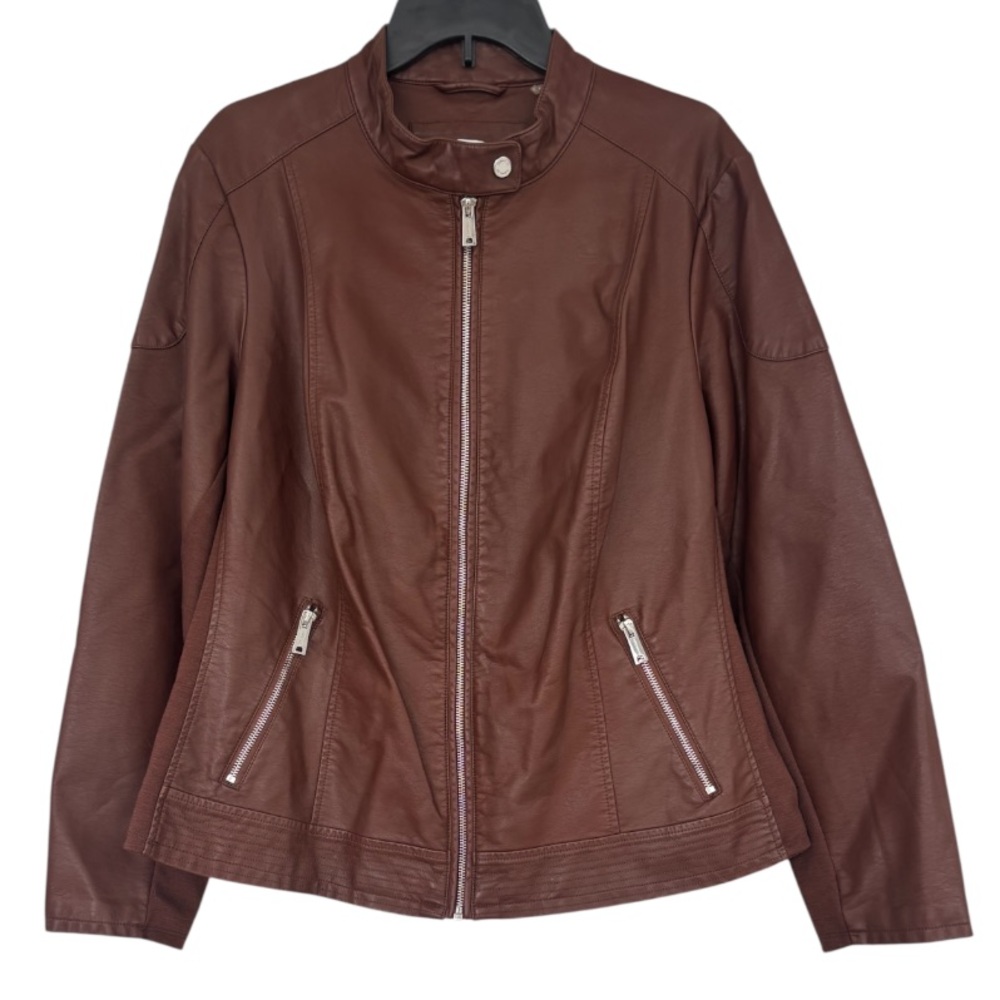 Calvin Klein Brown Leather Jacket Bomber Moto Bikercore Dress Coat Plus Size 1X - Picture 12 of 16